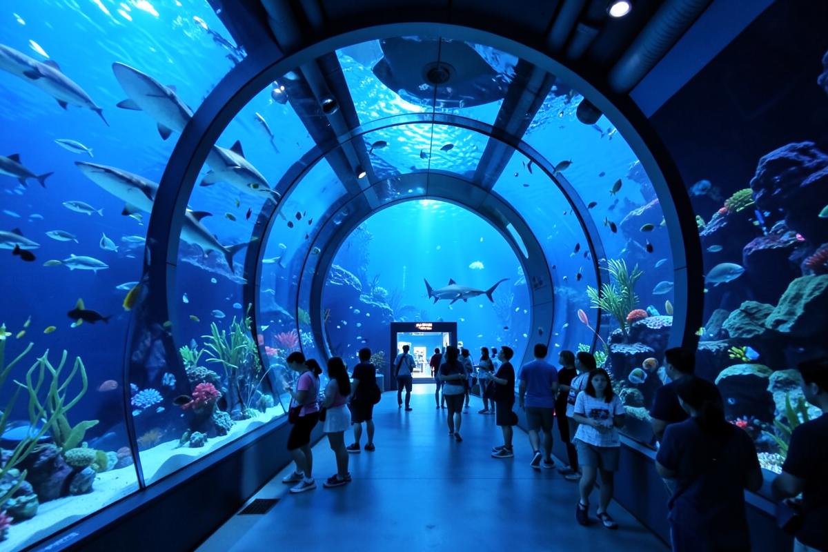 Túnel de vidro do Oceanic Aquarium com tubarões e peixes